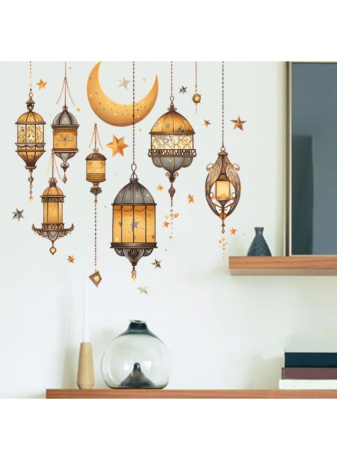 مجموعة من 3 ملصقات جدارية رمضانية، لتزيين غرف النوم والمعيشة، بتصميمات فوانيس وقمر ونجوم، صديقة للبيئة وقابلة للإزالة، مصنوعة من مادة PVC مقاومة للماء، مناسبة لتزيين المنزل في رمضان (3 تصميمات متطابقة). - Image 2